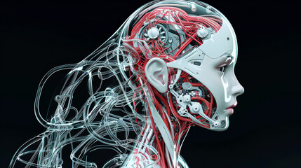 A woman's face is made of wires and has red veins. The image is a representation of a futuristic woman with a robotic appearance
