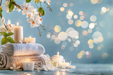 Spa background with candles, towels and flowers with copy space on blue - obrazy, fototapety, plakaty