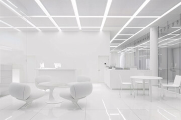 White interior of empty modern office with table and chairs