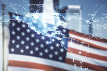 Abstract graphic digital world map hologram with connections on USA flag and blurry skyscrapers...