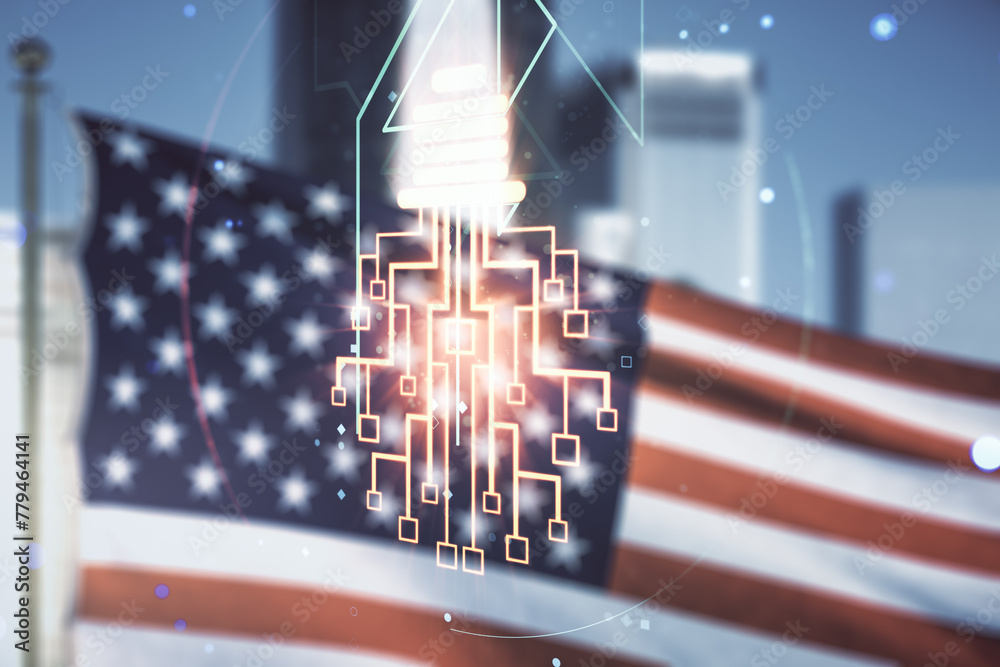 Poster virtual creative light bulb with chip hologram on us flag and city background, artificial intelligen