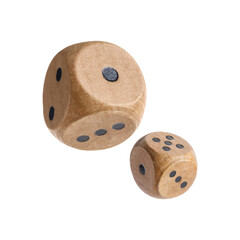 Two wooden dice in air on white background