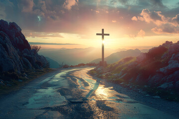 christian cross on the mountain road