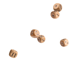 Obraz premium Six wooden dice in air on white background