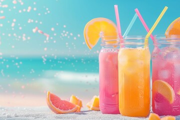 Colorful refreshing cold tropical fruit juice drinks in summer beach banner background