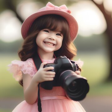 Smiling little girl Taking Pictures by DSLR.