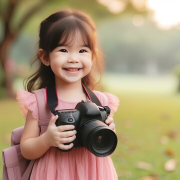 Smiling little girl Taking Pictures by DSLR.