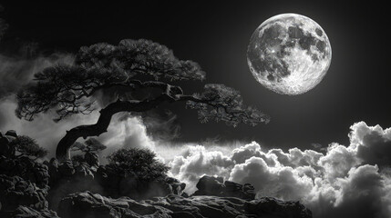 Sturdy tree on a rock cliff with a night sky and sea of clouds in the background. Elegance in Ink. A Sumi-e Masterpiece