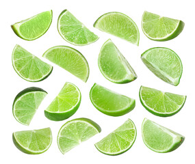 Slices of ripe juicy lime isolated on white, set