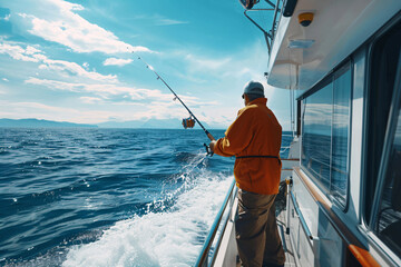 rear view of fisherman fishing on a modern yacht