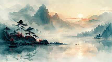 Sunrise view by the lake in the misty forest. Elegance in Ink. A Sumi-e Masterpiece - obrazy, fototapety, plakaty