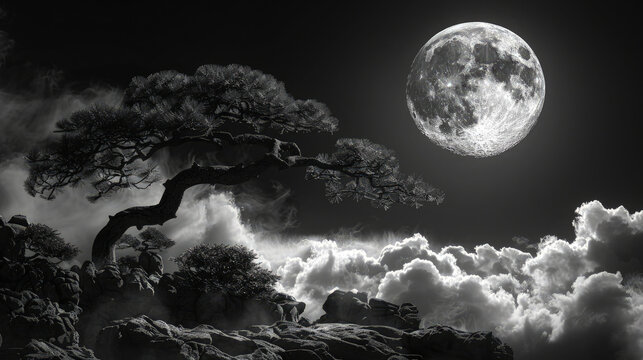 Sturdy tree on a rock cliff with a night sky and sea of clouds in the background. Elegance in Ink. A Sumi-e Masterpiece