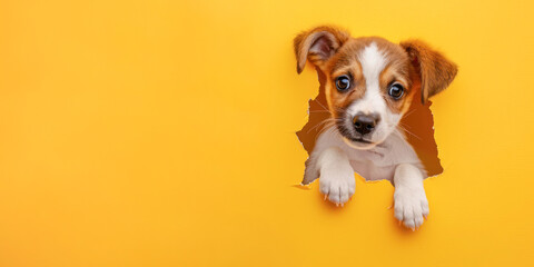 A heartwarming puppy pokes its head through a ripped yellow paper, embodying delight and playfulness, perfect for engaging advertising material. - obrazy, fototapety, plakaty