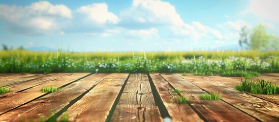 Fototapeta premium A wooden deck overlooks a lush field of grass, with a backdrop of a natural landscape including trees and the sky filled with fluffy clouds