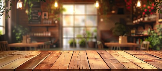 A wooden table made from hardwood tree with wood stain, placed in front of a blurry background of a restaurant interior - obrazy, fototapety, plakaty