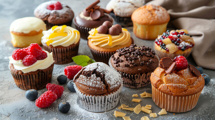 A variety of cupcakes with different fillings and designs were placed on a table. - obrazy, fototapety, plakaty