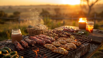 A traditional Argentine asado setup in an outdoor countryside setting, with a grill full of various meats, a basket of golden empanadas, and a jar of dulce de leche.
