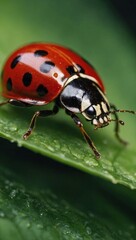 Close up view of a red ladybug with black spots sitting on a green leaf