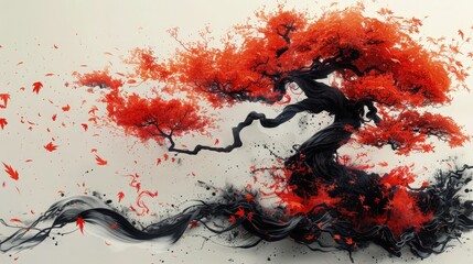 Sumi-e Portrait of Japanese Maple Tree in Autumn Splendor. Elegance in Ink. A Sumi-e Masterpiece