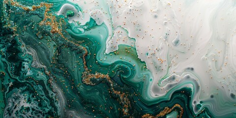 Green marble mural with a sprinkling of colorful glitter over a white background.