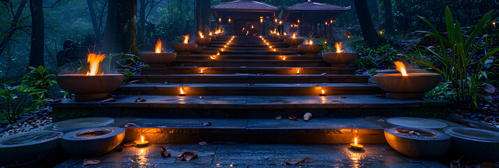 Many Steps to Stone Gates with Glowing Circle,
candles decorated on stairway to wat Umong temple at Buddhist day at night - obrazy, fototapety, plakaty