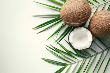Fototapeta na wymiar Top view of coconut with leaves on white background