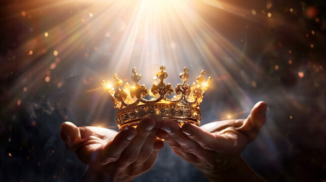 Hands holding a beautiful crown with beams of glory in the background