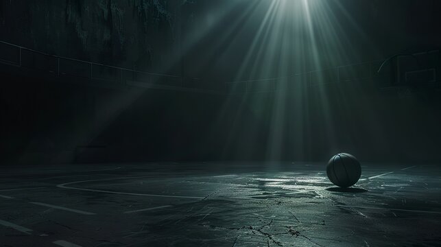 A detailed image of a dark basketball court with one light illuminating a basketball laying on the floor