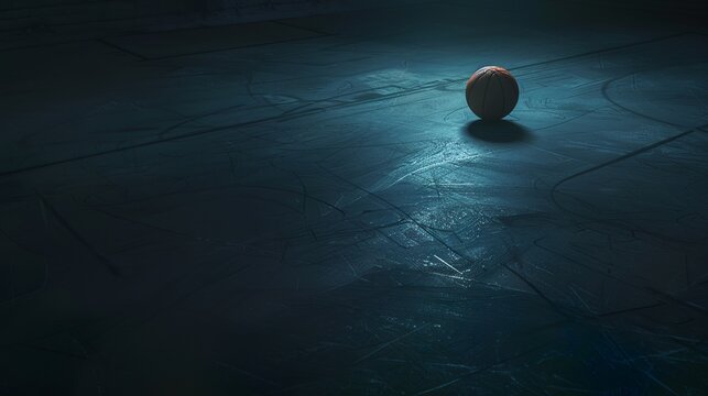 A detailed image of a dark basketball court with one light illuminating a basketball laying on the floor