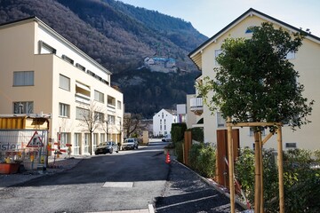 View of the King's residence on the hill above a residential neighborhood in Vaduz, Switzerland