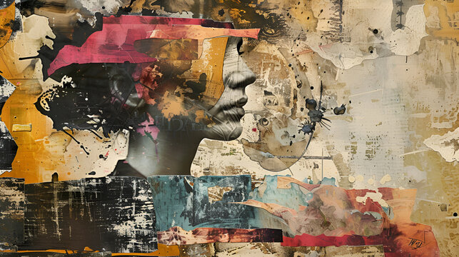 A collage-style artwork incorporating various textures and materials