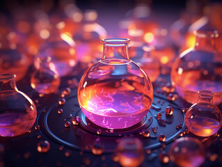 Magic potion mix, alchemy abstract symbols, sunrise ambiance, high-angle, surreal look, 3D style , close-up , octane render