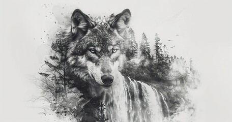 A captivating double exposure featuring a front view of a majestic wolf overlaid with forest trees and a cascading mountain waterfall