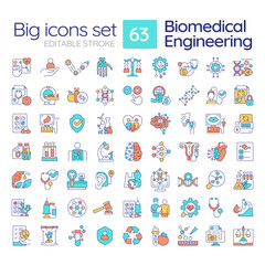 Biomedical engineering RGB color icons set. Biotechnology in healthcare. Bioethics. Medical equipment. Isolated vector illustrations. Simple filled line drawings collection. Editable stroke