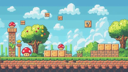 A retro-inspired video game level with pixelated characters and obstacles  AI generated illustration - obrazy, fototapety, plakaty