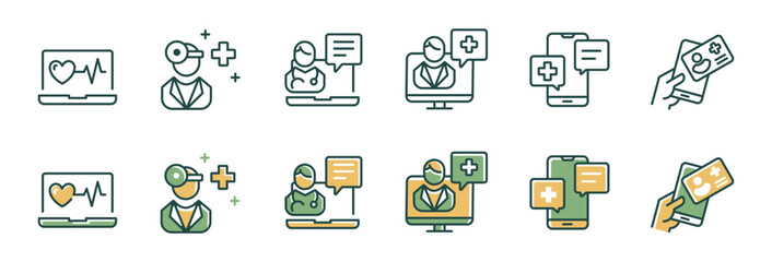 virtual digital doctor care consultation icon vector set online health diagnosis assistant support signs line illustration collection