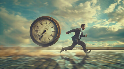 A businessman racing against time, running with a large circular clock chasing him