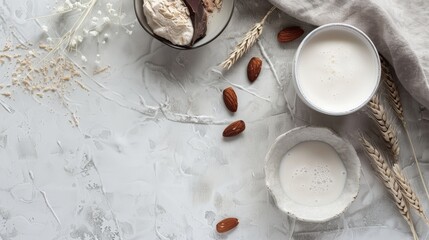 A serene portrayal of white milk interspersed with almond cocoa and wheat creating a sense of harmony  AI generated illustration