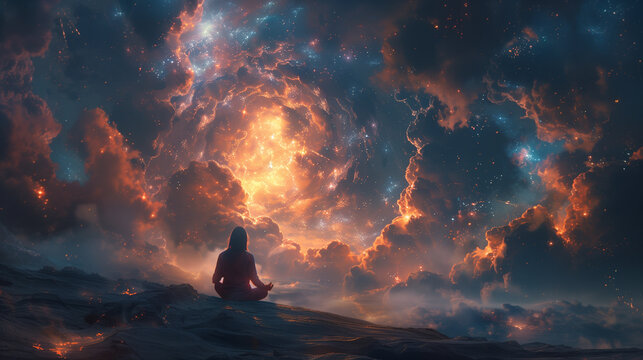 A figure meditates against a surreal backdrop of a cosmic nebula, suggesting a profound connection between human consciousness and the universe