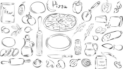 Graphic pizza hand drawn vector illustration. Ingredients for Italian restaurant or mediterranean food. pizza food elements clip art. Delicious Italian appetizer - 779466902
