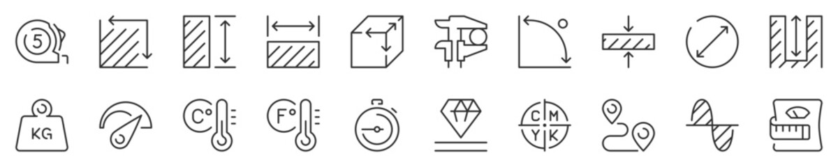 Measuring, thin line icon set. Symbol collection in transparent background. Editable vector stroke. 512x512 Pixel Perfect.