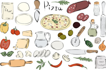 Graphic pizza hand drawn vector illustration. Ingredients for Italian restaurant or mediterranean food. pizza food elements clip art. Delicious Italian appetizer - 779466943