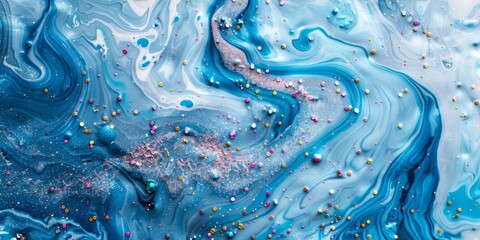 Soft blue marble mural, delicately adorned with tiny colorful glitter on a white background.