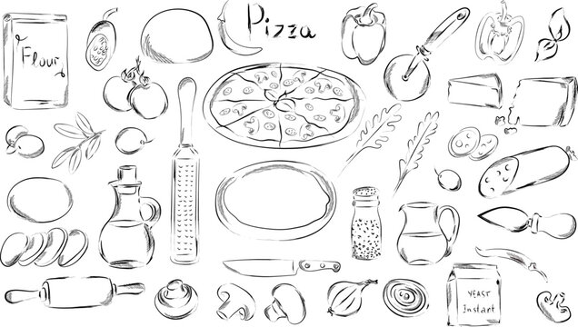 Graphic pizza hand drawn vector illustration. Ingredients for Italian restaurant or mediterranean food. pizza food elements clip art. Delicious Italian appetizer
