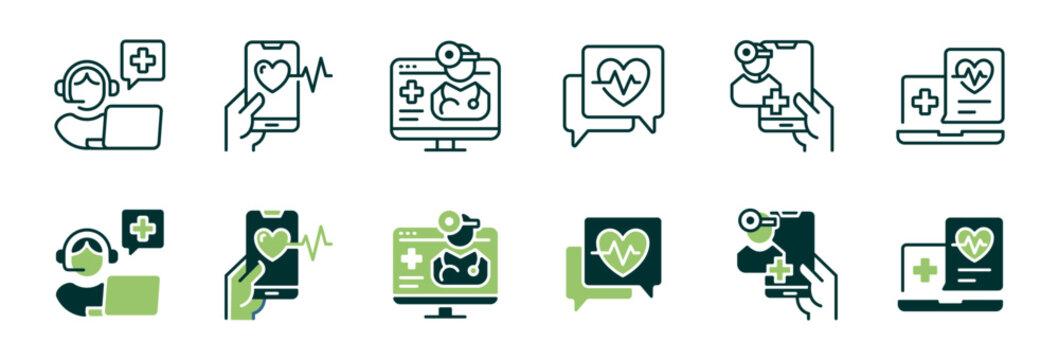 online digital health care consultation icon vector set virtual doctor diagnosis medical analysis signs illustration