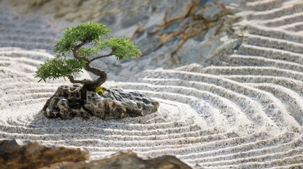 A serene Zen garden with raked sand and bonsai trees  AI generated illustration