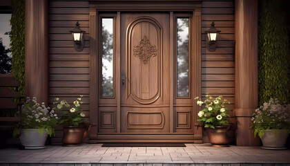 House entrance with beautiful wooden door. Generative ai design art concept. - obrazy, fototapety, plakaty