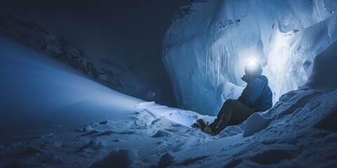 A man in a red jacket sits in a cave with a flashlight