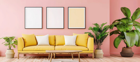 Living room interior with yellow couch and pink wall. Generative ai design.