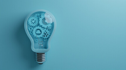 Creative Light Bulb with Gears and Cogs on Blue Background